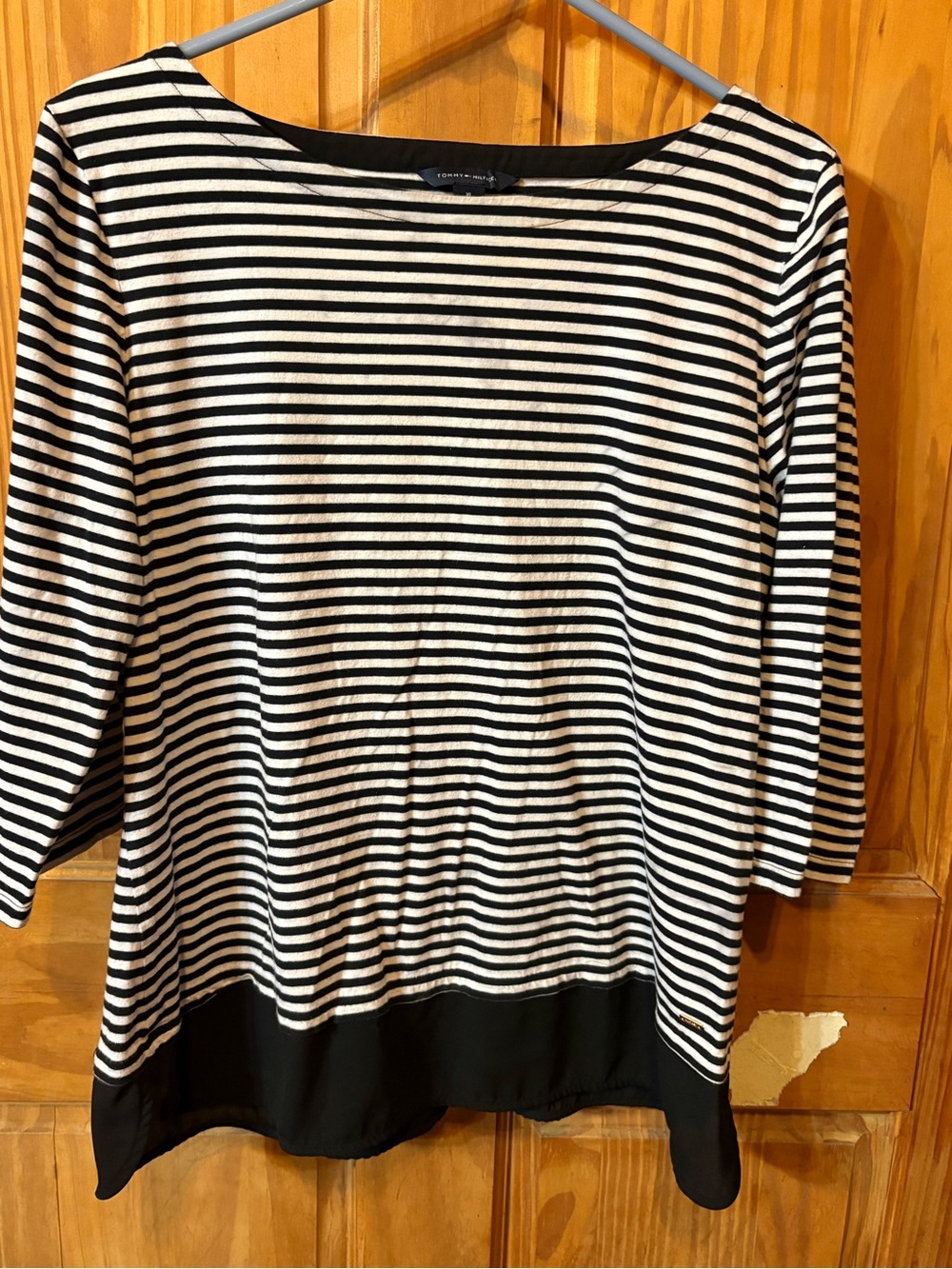 Tommy Hilfiger Black and White Striped Boatneck Long Sleeve Top